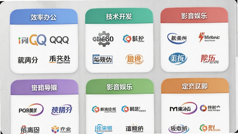 QQ导航网站分类页面展示,包含效率办公、技术开发、影音娱乐等多个图标模块,每个模块下显示具体网站logo,布局整齐,图标圆润,背景为浅灰色质感,突出软件分类的丰富性与专业性