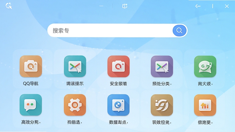 QQ导航主界面全屏预览图,画面中央为简洁的搜索框,下方是分类清晰的九宫格网址导航图标,背景采用淡蓝色渐变主题,整体风格现代简约,突出软件高效便捷的核心特点,画面比例16:9,高清渲染,色彩明亮舒适