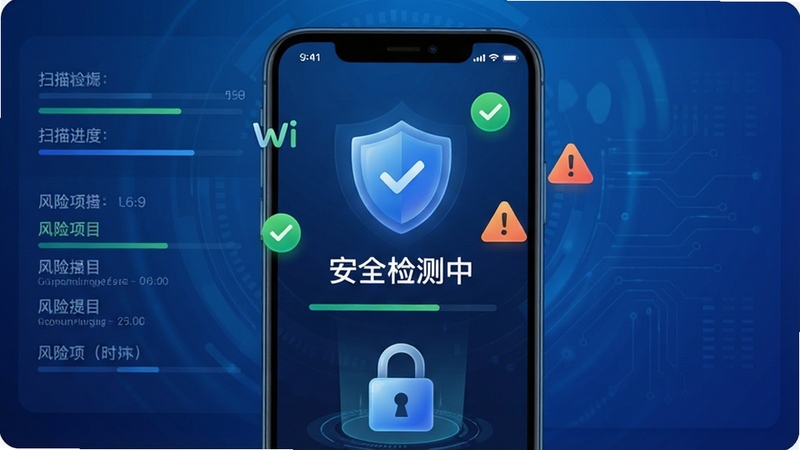 一张展示WiFi万能钥直连安全检测功能的界面预览图,画面中手机屏幕显示盾牌图标和“安全检测中”字样,周围有绿色对勾和警告标志,背景为深蓝色科技感纹理,屏幕下方有加密锁图案,整体风格沉稳专业,突出安全可靠,画面主体居中,背景为渐变蓝色,细节包括扫描进度条和风险项提示,适配Boogu模型生成,16:9比例。
