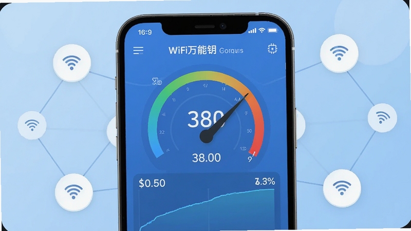 一张展示WiFi万能钥直连测速功能的手机截图预览图,画面中屏幕显示网速仪表盘和实时速度曲线,背景为简约的浅蓝渐变,周围有多个网络节点图标,突出优化网络的功能,画面主体居中,细节包括数字和百分比,适配Boogu模型生成,16:9比例。