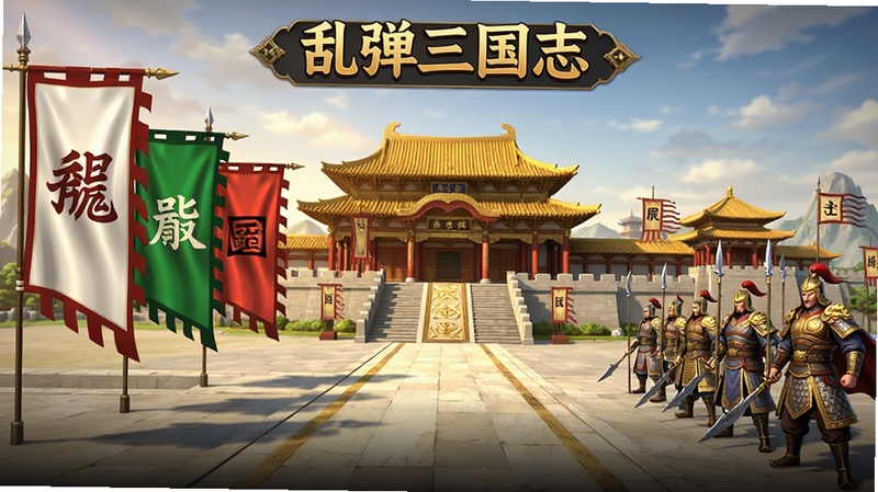 乱弹三国志游戏主界面全景预览图,展示游戏主城场景,画面左侧为魏蜀吴三国旗帜,中央为恢弘的宫殿建筑,右侧有武将队列,整体色调金碧辉煌,细节丰富,采用3D渲染风格,适合作为游戏宣传图