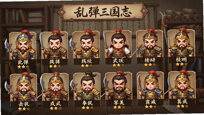 绘制《乱弹三国志》的武将图鉴界面,画面展示多个Q版三国武将的立绘,每个武将下方有名字和星级,背景是古风书架和卷轴,整体色调柔和,界面布局清晰,突出武将的可爱形象和丰富数量,风格类似卡牌游戏的图鉴页面。