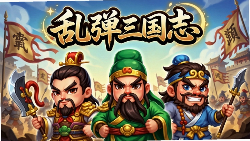 创作一幅《乱弹三国志》的游戏宣传图,画面中央是Q版三国武将刘备、关羽、张飞三人并肩而立,背景是宏大的古风战场与飘扬的旗帜,整体色调明亮鲜艳,突出卡通风格,武将表情生动活泼,标题艺术字“乱弹三国志”位于画面上方,周围有金色光效点缀,风格类似热门卡牌手游的宣传立绘。