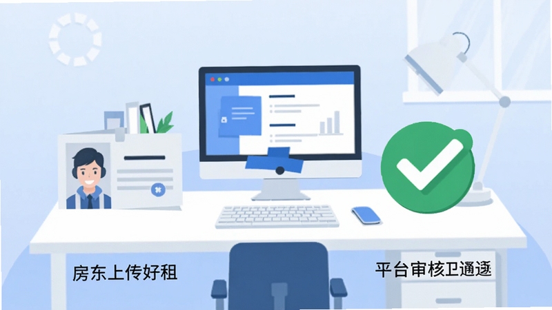 同城直租好房真实房源认证流程示意图,画面左侧为房东上传证件,右侧为平台审核通过打勾标识,背景为简约办公桌与电脑,蓝白主色调,扁平化风格,清晰展示认证步骤