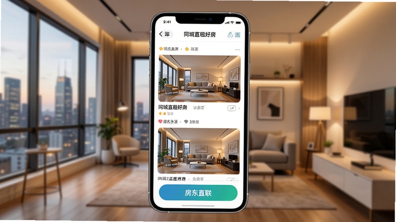 同城直租好房主界面展示,手机屏幕内显示房源列表与房东直联按钮,背景为现代城市公寓室内环境,暖色调灯光,画面清晰明亮,突出APP界面细节,风格写实,适配Boogu模型生成