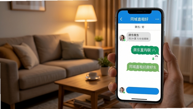 同城直租好房房东直联功能界面,手机屏幕显示租客与房东聊天窗口,背景为客厅沙发与茶几,暖色灯光,界面友好,突出直接沟通的便捷性,写实风格