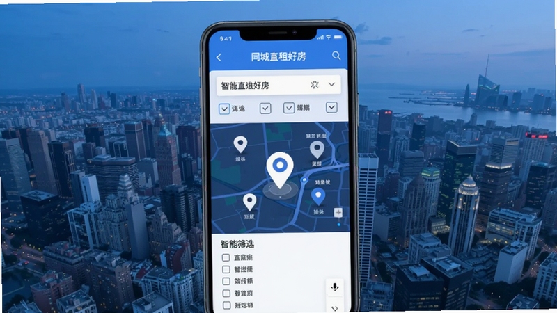 同城直租好房智能筛选界面,手机屏幕展示多种筛选条件选项与地图房源标记,背景为城市俯瞰图,科技感蓝色调,界面简洁,突出地图定位与筛选功能,扁平化设计