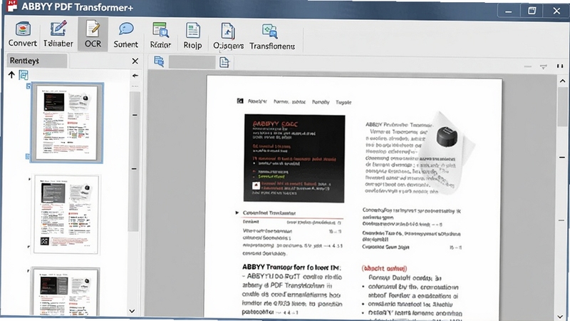 ABBYY PDF Transformer+ ������չʾ�����Ϊ�ĵ�����ͼ��壬�Ҳ���ʾPDF���ݣ���������������ת�����༭��OCR�ȹ��ܰ�ť���������������������Ϊǳ��ɫ�����ʺ�����칫�������������Ϊ16:9��������Ⱦ��ϸ�ڷḻ