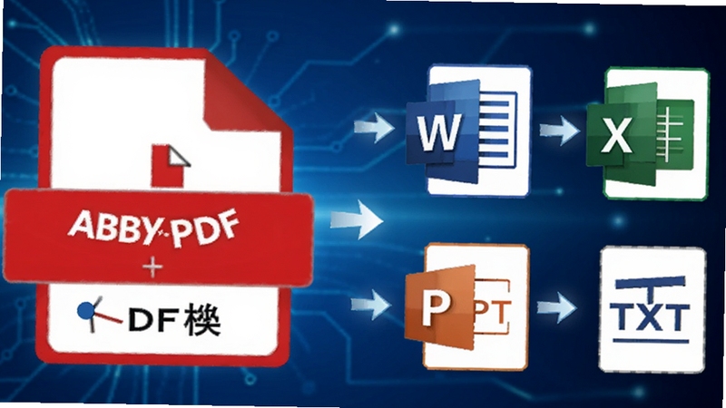 ABBYY PDF Transformer+ ��ʽת������չʾ��PDF�ļ�ͼ�����������ʽͼ�꣨Word��Excel��PPT��TXT��֮���ü�ͷ���ӣ���ʾת����ϵ������Ϊ������ɫ���Ƽ���ǿ���������Ϊ16:9��������Ⱦ���Ӿ�����
