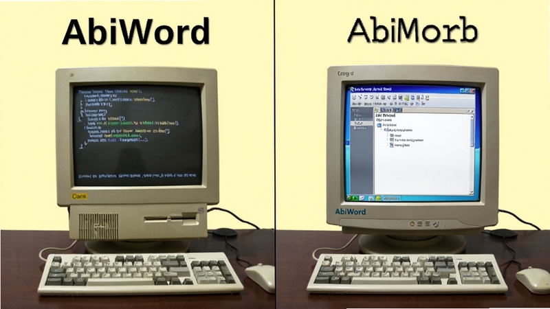 AbiWord���Ͼɵ����Ͽ��������ĶԱȻ��棬���Ϊ��еӲ�̣��Ҳ�Ϊ�������е�AbiWord���棬����Ϊ����ɫ��ǿ�����������ԡ�