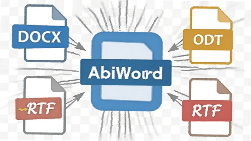 AbiWord�ĵ���ʽת��ʾ��ͼ����������ʾ�����ļ���ʽͼ�꣨��DOCX��ODT��RTF��Χ��AbiWordͼ�꣬����Ϊ�Ұ�����ͻ�������ԡ�