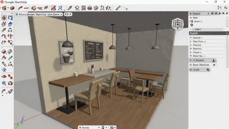 Google SketchUp软件界面特写,显示一个正在编辑的咖啡馆室内模型,墙面和家具通过推拉工具成型,左侧工具栏和右侧默认面板可见,模型带有材质贴图,画面色彩柔和,光线自然,突出建模细节与软件功能,适配Boogu模型生成。