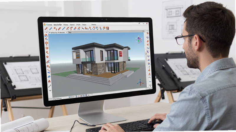 画面主体为一位设计师正在使用电脑上的Google SketchUp软件进行建筑模型创作,屏幕中显示一个正在搭建的现代别墅三维模型,背景为简洁的工作室环境,有绘图板和图纸,整体风格明亮清晰,突出软件界面和建模过程,细节丰富,适配Boogu模型生成。