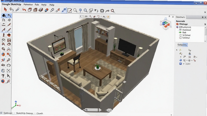 一张展示Google SketchUp软件操作界面的截图,画面中有一个正在编辑的室内空间模型,包含家具和装饰,左侧工具栏、右侧面板和顶部菜单清晰可见,整体色调明亮,细节丰富,用于教程说明,适配Boogu模型生成。
