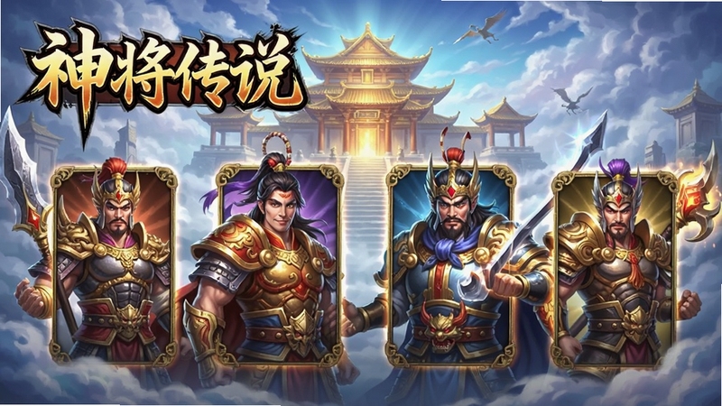 神将传说游戏主界面,展示游戏名称和主要神将角色,背景为云雾缭绕的天宫,画面色彩鲜艳,细节丰富,适合作为游戏宣传图