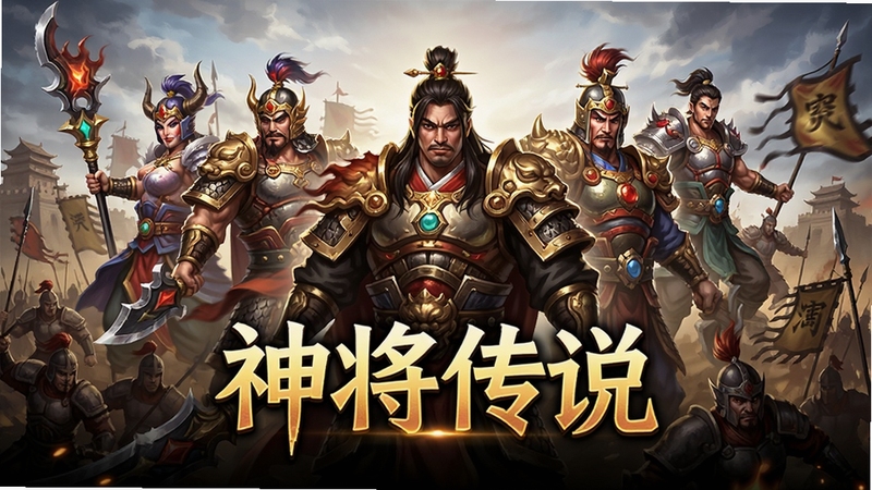 神将传说游戏宣传海报,包含多个神将角色,背景为古代战场,画面大气磅礴,色彩鲜明,适合作为游戏宣传图