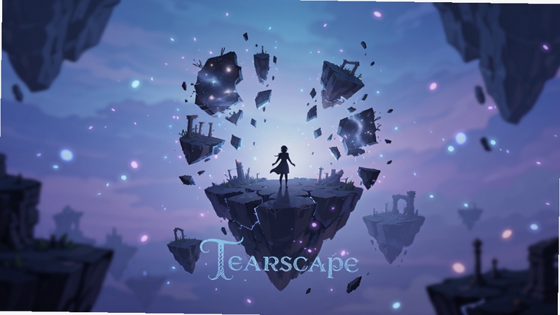 Tearscape游戏主界面全景预览图,展示破碎梦境中的浮空岛屿与角色剪影,背景融合蓝紫色渐变与柔光粒子,画面主体居中,整体风格唯美梦幻,适配手机竖屏比例