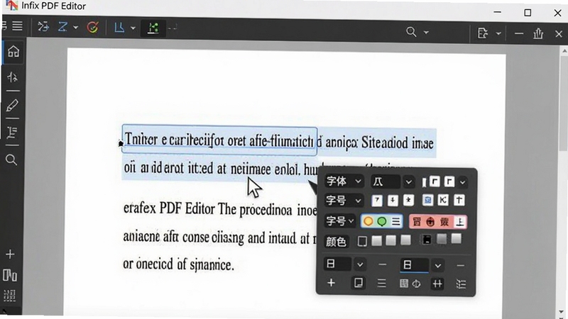 Infix PDF Editor �ı��༭������ʾ�������ѡ��һ�����֣��������塢�ֺš���ɫ�ȸ�ʽ����ѡ��ĵ�ҳ��������ʾ�޸ĺ��Ч����