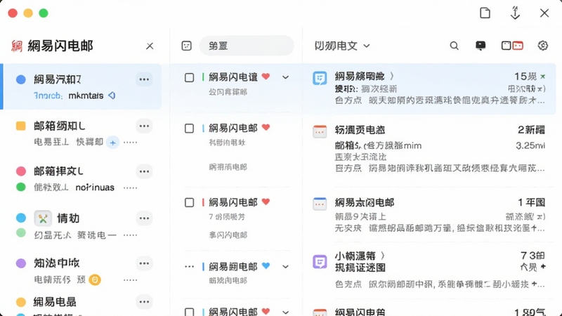 网易闪电邮多账户管理界面截图风格图片,左侧边栏显示多个邮箱账户列表,每个账户用不同颜色圆点区分,右侧展示统一收件箱的邮件流,界面清晰明亮,色彩区分度高,体现集中管理的便捷性。