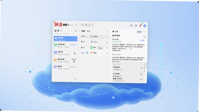 网易闪电邮全貌预览图,画面中心是软件主界面悬浮于抽象蓝色科技云端之上,界面清晰展示收件箱列表与阅读窗格,背景为淡雅渐变蓝色,整体风格现代简约,光线柔和,突出高效便捷的办公氛围。