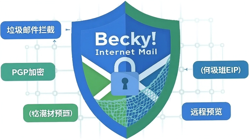 一个以安全防护为核心的扁平化风格插图,画面中心是Becky! Internet Mail的盾牌图标,盾牌上带有加密锁和过滤网纹理,周围环绕着“垃圾邮件拦截”、“PGP加密”、“远程预览”等小标签,背景是简约的网络安全网格,色调以蓝绿为主,传达出软件坚实可靠的安全性能。