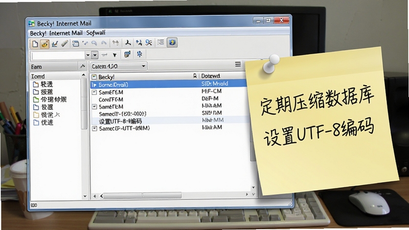 一张展示Becky! Internet Mail软件运行时的桌面截图,画面中软件窗口被激活,界面清晰显示菜单栏、工具栏和邮件列表,旁边有一张便签纸,上面手写着“定期压缩数据库”和“设置UTF-8编码”等优化技巧,整体画面写实,风格贴近实际使用场景。
