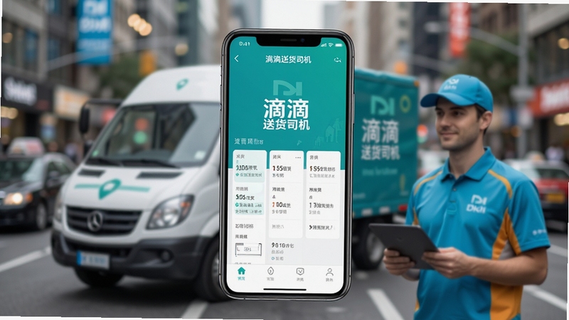 Create an image showing a smartphone displaying the Didi Delivery Driver app interface, with a delivery van and a courier in the background, the main subject is the app screen in the center, the background is a bustling city street with soft bokeh, the style is clean and modern, high detail, the app name '�ε��ͻ�˾��' is clearly visible on the screen.
