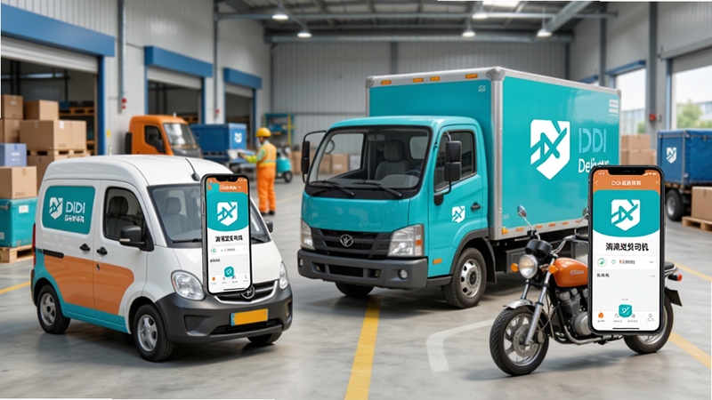 Create an image showing a variety of delivery vehicles including a small van, a box truck, and a two-wheeled motorcycle, each with a smartphone displaying the Didi Delivery Driver app, the background is a logistics hub, the style is clean and colorful, high detail, the app name '�ε��ͻ�˾��' is visible on each screen.