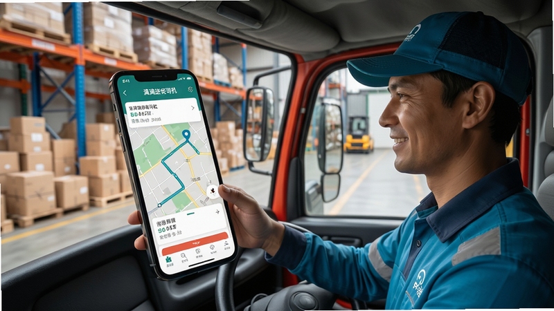 Create an image showing a delivery driver in a truck using the Didi Delivery Driver app to receive an order, with a map and route on the phone screen, the background is a warehouse with packages, the style is realistic and bright, high detail, the app name '�ε��ͻ�˾��' is visible on the phone screen.