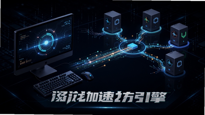 畅玩游戏加速引擎示意图,画面中一台电脑连接多个游戏服务器节点,数据流动线条表示加速过程,背景深色科技感,前景高亮显示加速效果,整体风格简洁明了