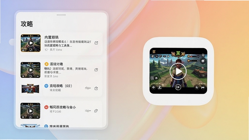 畅玩内置攻略与工具集展示,界面左侧为攻略列表,右侧为截图录屏工具图标,背景为柔和渐变,主体突出,整体风格简约清晰