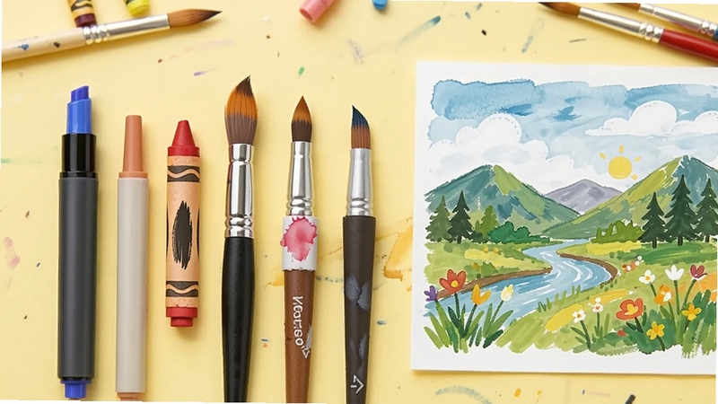 画画(涂色游戏)画笔工具展示图,画面中央展示一排不同质感的画笔图标,包括马克笔、蜡笔、水彩笔,旁边有一幅涂了一半的风景画,笔触效果清晰可见,背景是淡黄色的工作台,整体风格干净清爽,突出画笔多样性