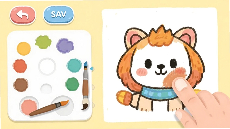 ����Ϳɫ��Ϸ�������棬��Ļ�����ʾ��ɫ��ͱ�ˢѡ��Ҳ���һ��δ��ɵ�Ϳɫ��Ʒ������������ָͿĨ�ĺۼ��������г����ͱ��水ť������Ϊ����ɫ��������ɫ��ͣ��������ɴ�����Χ��
