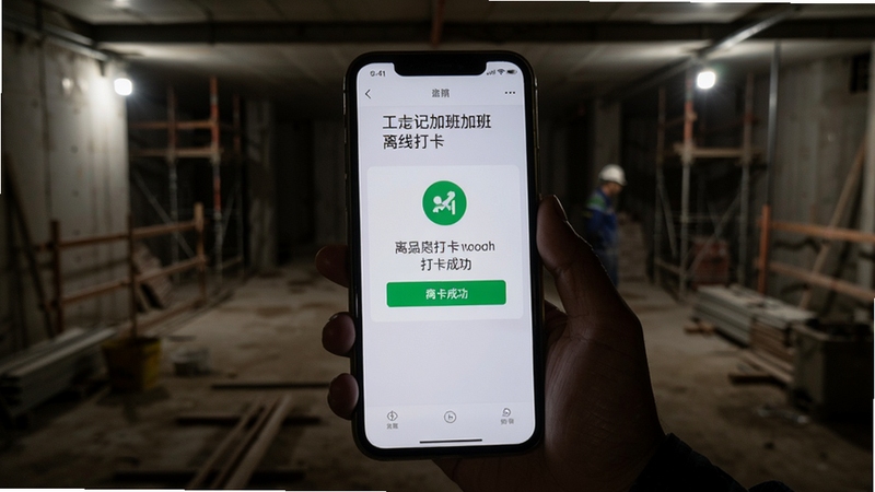 工地记加班离线打卡界面,手机屏幕显示无网络状态下的打卡成功提示,背景是昏暗的地下室施工现场,工人手持手机,画面真实体现离线场景