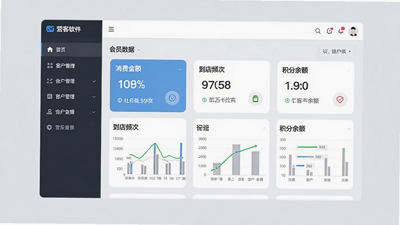 营客通软件主界面展示,左侧为功能导航栏,右侧为会员数据看板,包含消费金额、到店频次、积分余额等卡片,背景为浅灰色商务风格,整体界面简洁明亮,突出数据可视化和客户管理核心功能