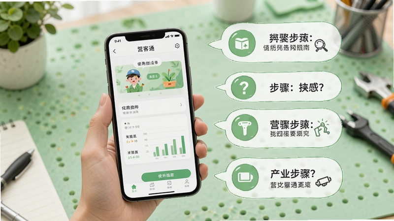 营客通使用指南示意图,手机上展示软件操作界面,旁边有步骤说明气泡,背景为浅绿色工作台场景,突出教学氛围,整体风格清新自然