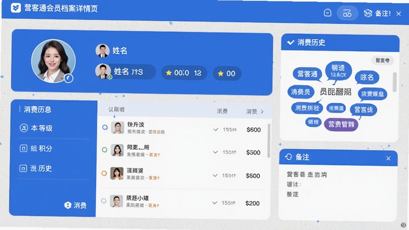 营客通会员档案详情页,展示会员头像、姓名、等级、积分、消费历史列表,右侧有标签云和备注栏,界面以蓝色为主色调,卡片式布局,背景为浅色纹理,突出会员信息全面与智能化管理