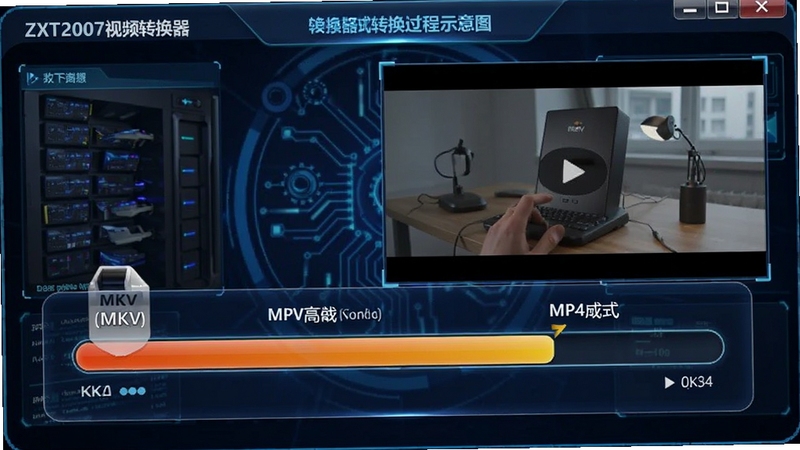 ZXT2007视频转换器格式转换过程示意图,画面中展示视频文件正在从MKV格式转换为MP4格式的进度条,背景有清晰的视频画面预览窗口,色彩鲜艳,细节丰富,科技感界面设计