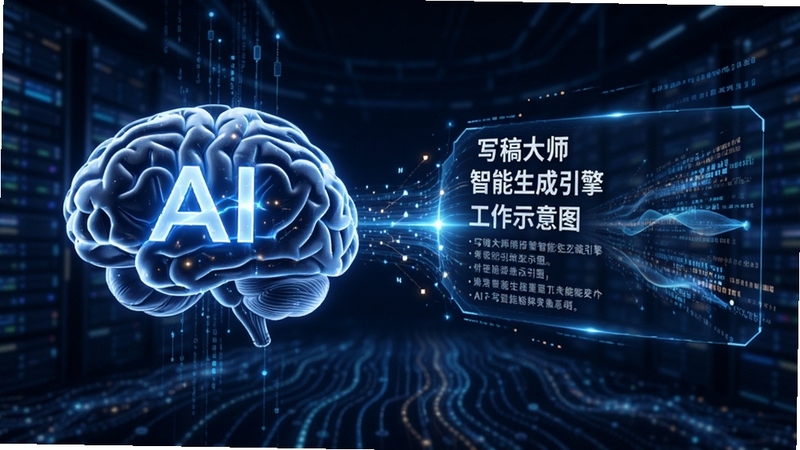 写稿大师智能生成引擎工作示意图,AI大脑图形与文字输出动画,背景为数据流动的科技感界面,风格现代明亮
