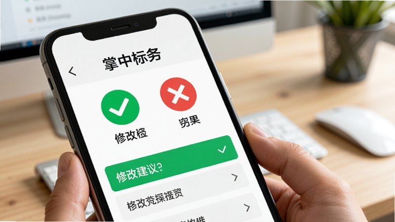 ��д��ͷչʾ���б���APP�ĸ�ʽУ����ҳ�棬��Ļ������ɫ�Թ����ɫ���ͼ�꣬�·����޸Ľ����б�������Ϊ�黯�İ칫���棬����ɫ���԰�ɫ����ɫΪ����ͻ�������뾫׼���ص㣬ͼƬ����������б�������