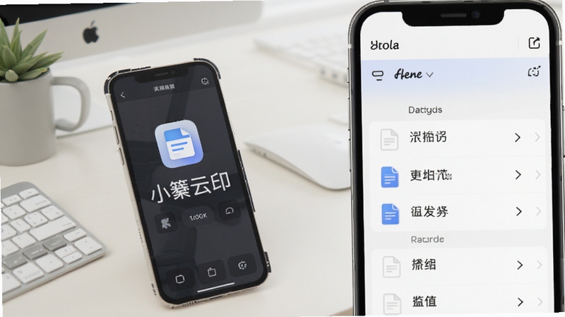 小篆云印软件主界面预览图,展示手机连接打印机的场景,界面简洁现代,背景为浅色调的办公桌面,突出软件图标与文档列表,整体风格明亮清晰
