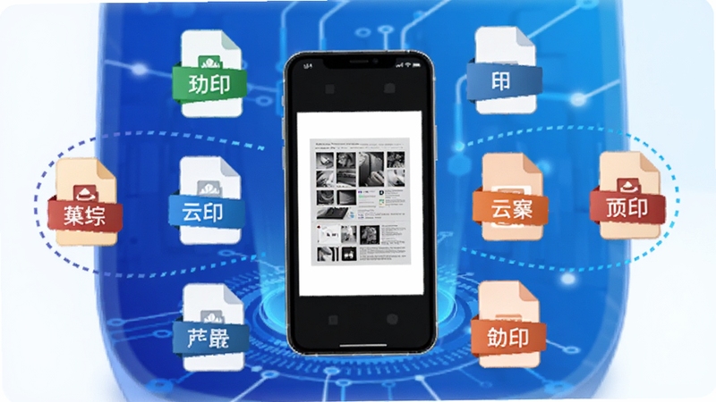 小篆云印文档格式兼容性示意图,画面中展示多种文件格式图标围绕在手机屏幕周围,手机屏幕显示打印预览,背景为渐变的蓝色科技感风格