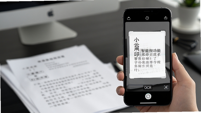 小篆云印智能扫描功能界面,手机屏幕显示扫描文档并进行OCR文字识别,背景为办公桌面有纸质文件,画面清晰专业