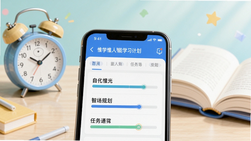 ΩѧΩ������ѧϰ�ƻ�����ʾ��ͼ��ǰ��Ϊ�ֻ���APP�ļƻ��ճ̱�����ʾ������������������������������鱾Ԫ�أ�ɫ���������£�ͻ���Զ����滮��ʱ��������ܡ�