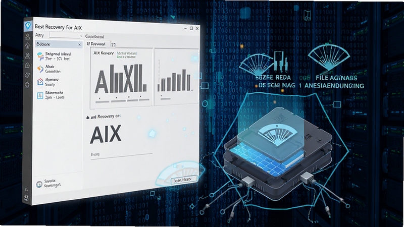 Best Recovery For AIX 深度扫描功能示意图,画面显示软件正在对 AIX 磁盘进行底层扫描,背景为数据流与二进制代码,蓝色科技风格,突出扇区级分析与文件签名识别