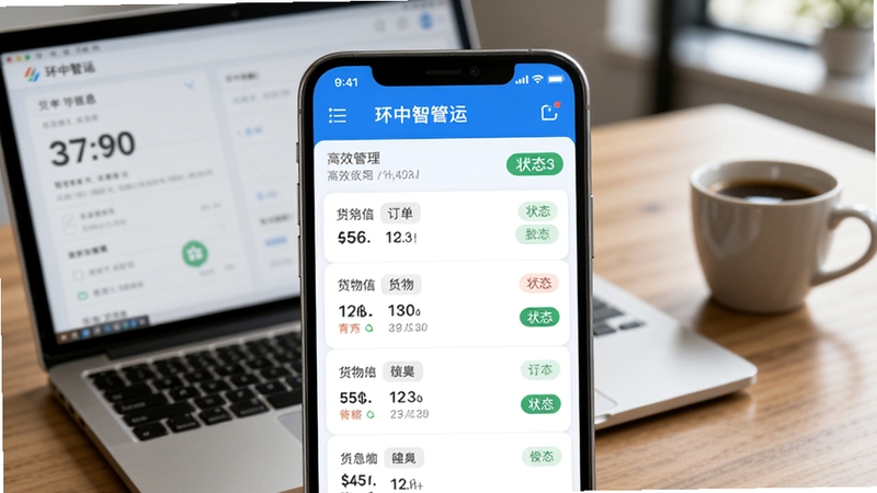 环中智运APP订单管理功能截图预览图,画面以手机界面为主体,清晰展示订单列表、货物信息和状态标签,背景为办公桌面,放有笔记本电脑和一杯咖啡,风格简洁商务,突出高效管理