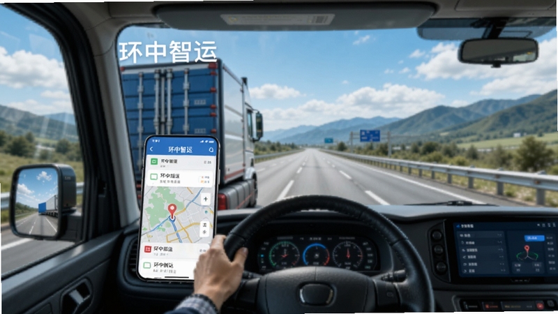 环中智运物流运输管理软件主界面预览图,画面展示一辆货车行驶在高速公路上,驾驶室内的手机屏幕清晰显示环中智运APP的订单列表和车辆位置地图,背景为蓝天白云和连绵山脉,整体风格写实明亮,突出物流运输场景