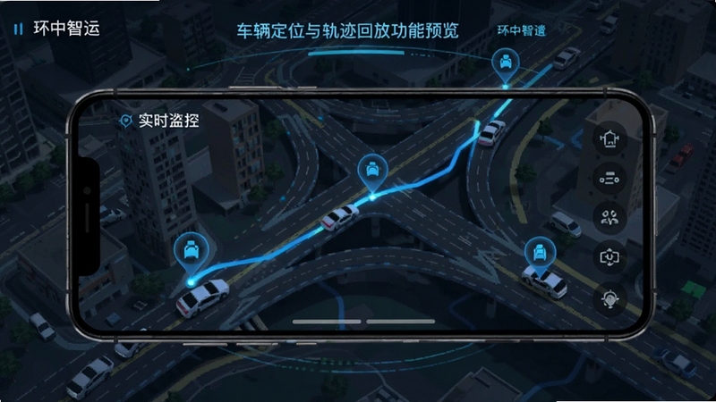 环中智运车辆定位与轨迹回放功能预览图,画面显示手机地图界面,在地图上标注车辆位置和行驶轨迹线条,背景为城市道路俯视图,有多个车辆图标移动,风格科技感强,突出实时监控