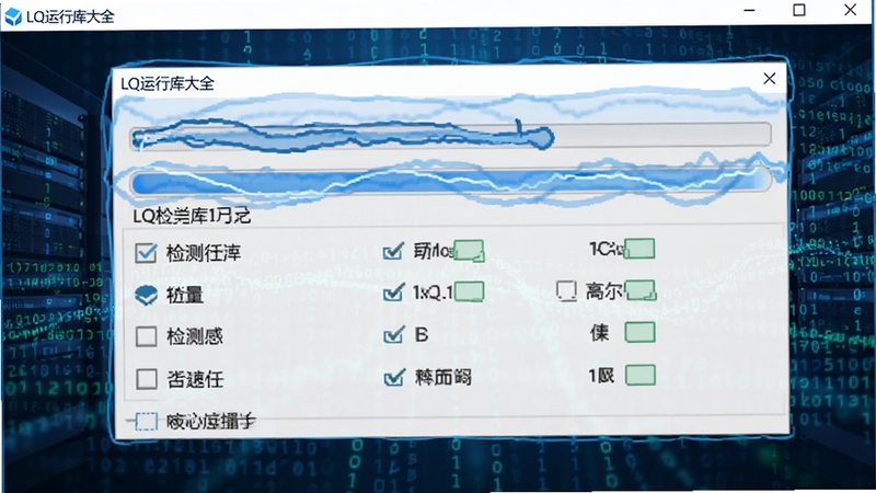 展示LQ运行库大全软件进行系统扫描时的界面截图,进度条正在滚动,界面以蓝色和白色为主色调,清晰罗列出已检测到的运行库状态,背景为抽象的数字代码流,营造出专业高效的软件工具氛围
