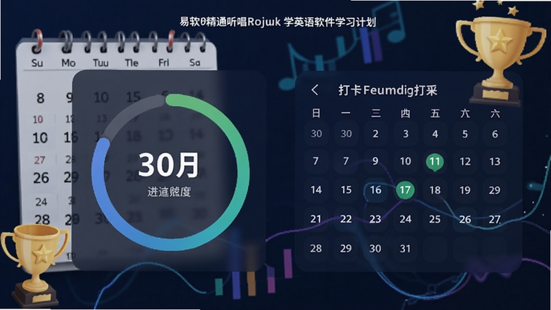 易精通听唱英文歌学英语软件学习计划页面,显示进度环与打卡日历,画面主体为统计图表,背景为日历与奖杯元素,风格数据化,适配Boogu模型生成